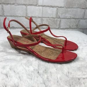 Low Cork Wedge, T-strap, Patten Leather Sandals